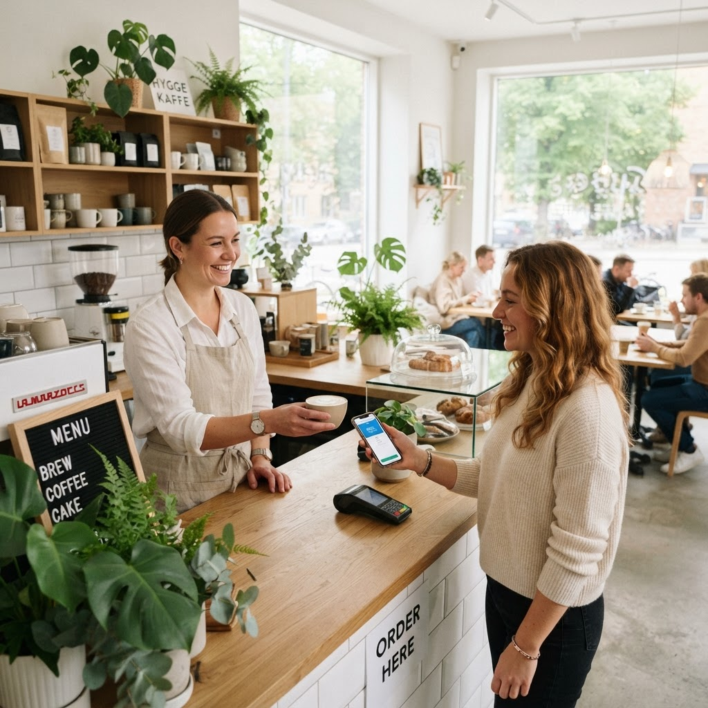 Kund visar sitt digitala stämpelkort i mobilen på ett café
